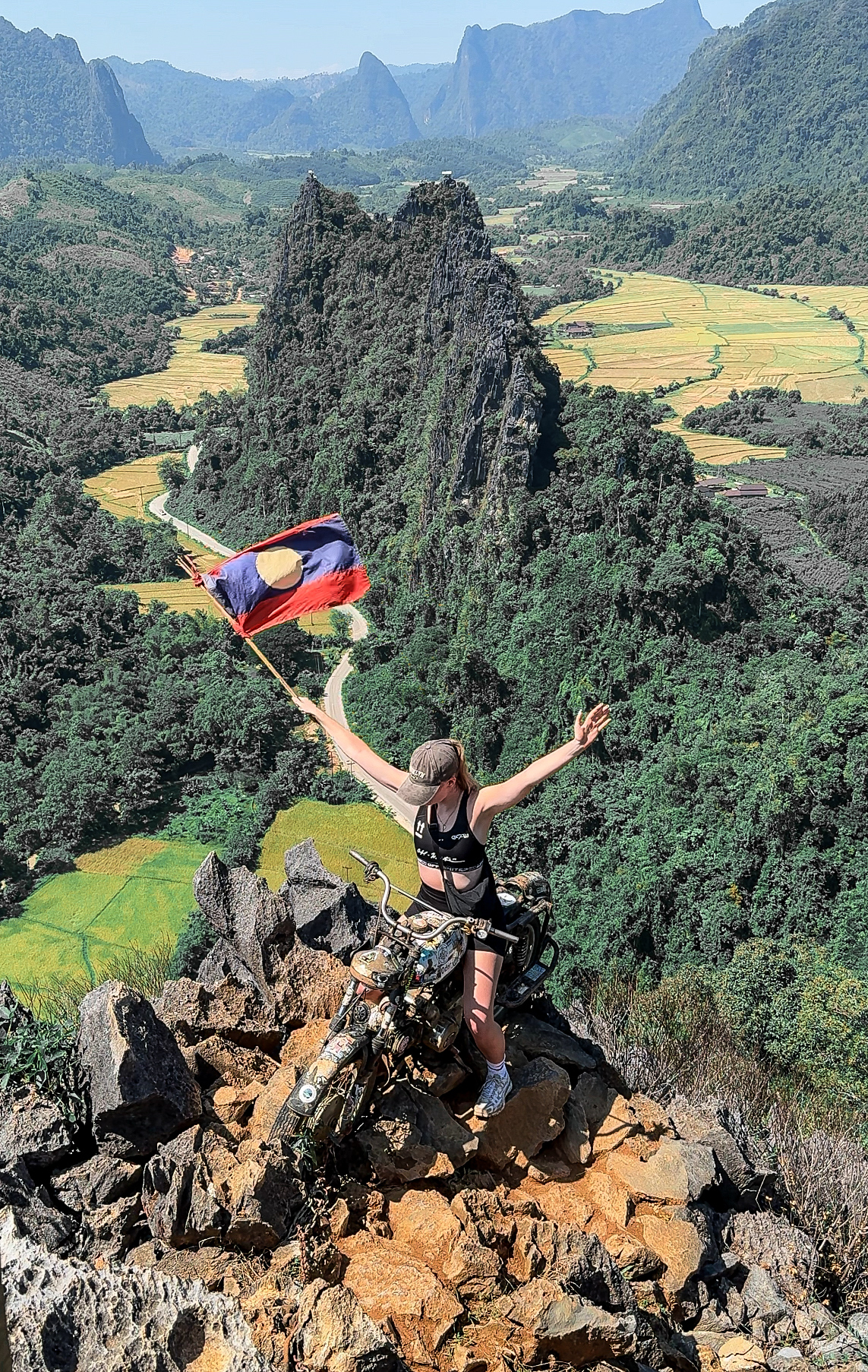 Emily Victoria travels in vang being laos at the top of xam nay viewpoint
